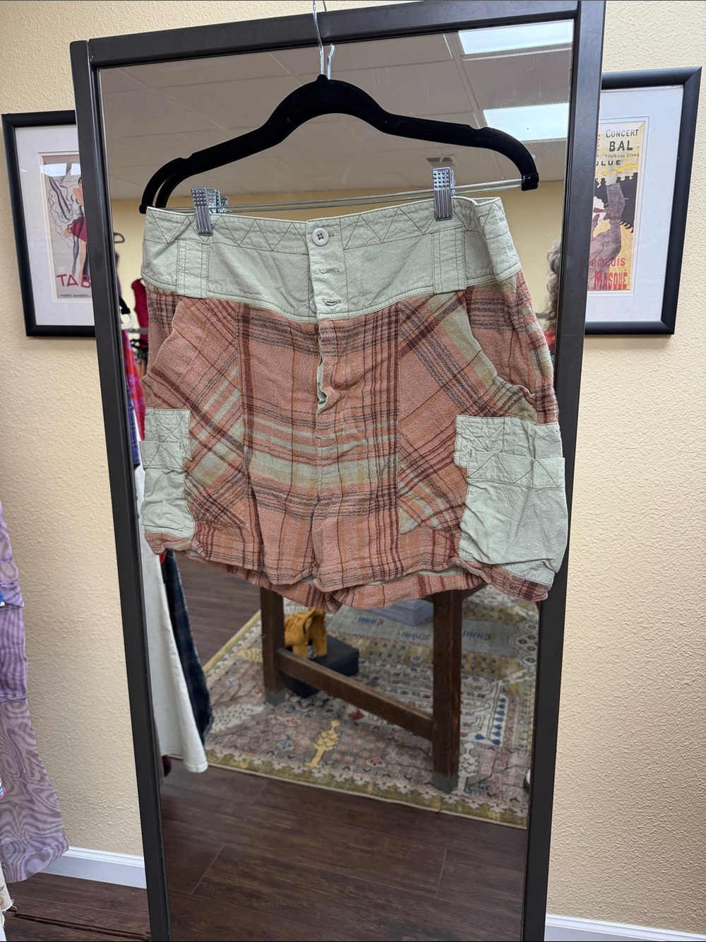 Free People Plaid Patchwork Cargo Shorts in Rust and Sage